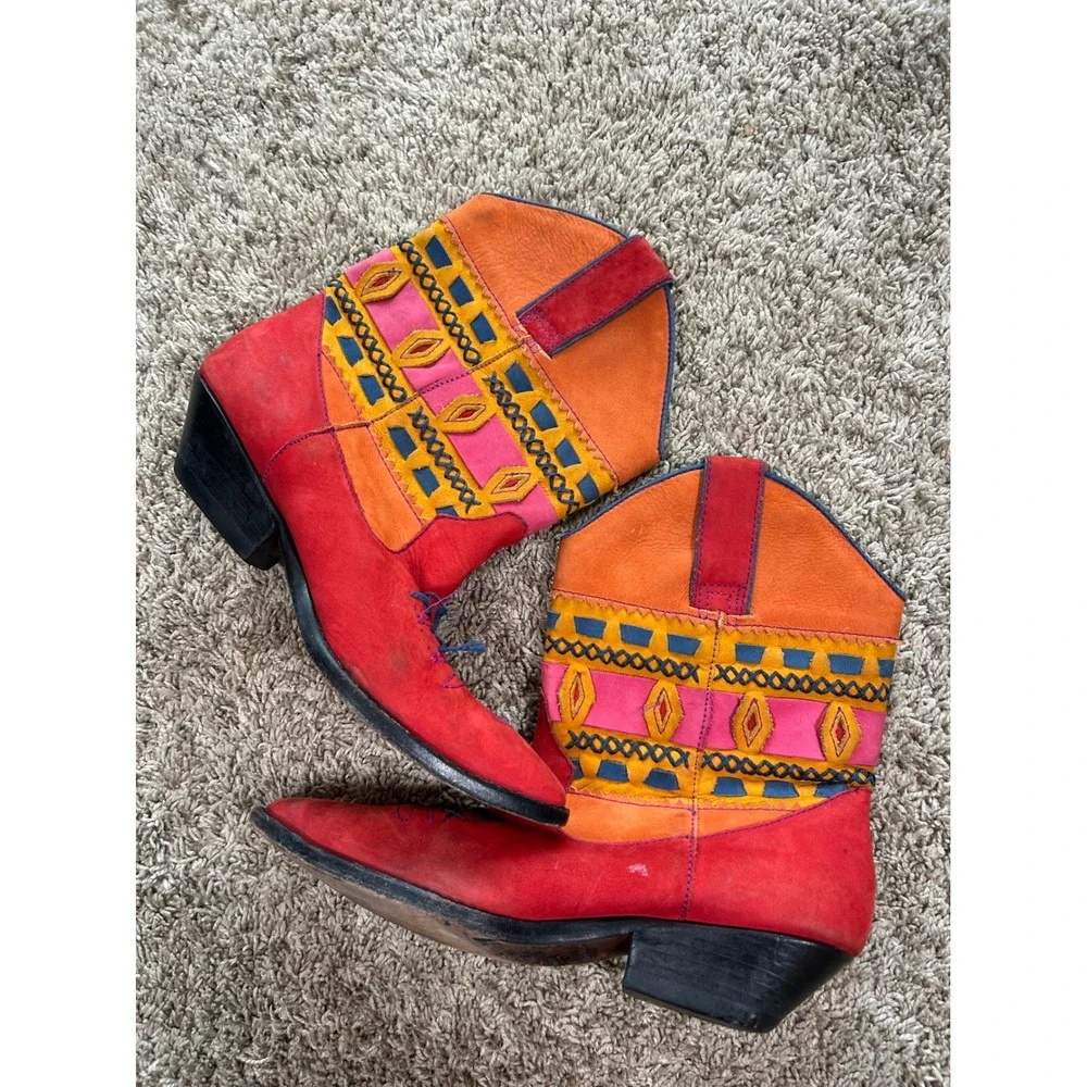 Womens Red Orange Embroidered Western Boho Festival Cowboy Boots Retro Tribal 7M - Picture 7 of 10